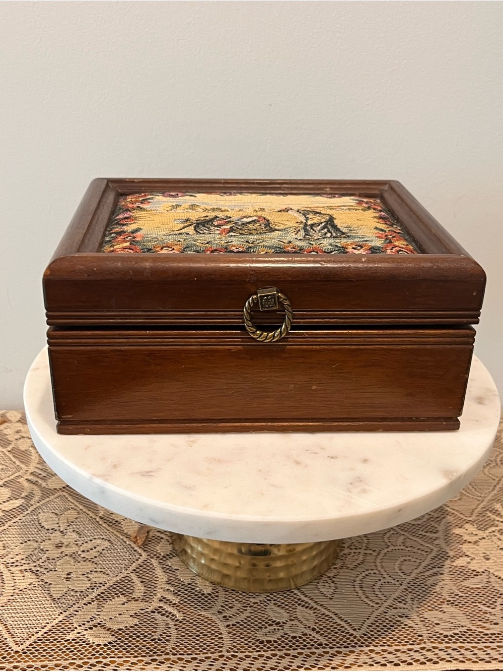 Vintage Wood Jewelry Box with Pastoral Tapestry Inlay and Gold interior